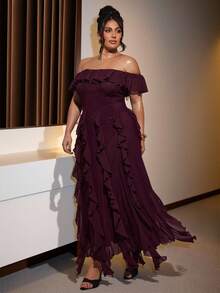 SHEIN BAE 大码女式茄紫色荷叶边下摆优雅浪漫连衣裙，适合度假 - 紫色 - 查看 6