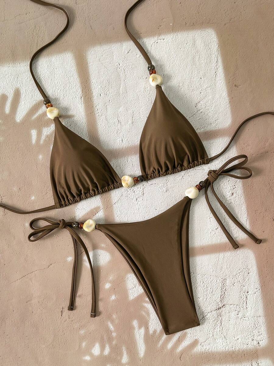 Swim Chiccia 女士纯色挂脖系带串珠性感比基尼套装，时尚休闲泳装，适合春、夏、秋、冬四季穿着 - 咖啡棕 - 查看 1