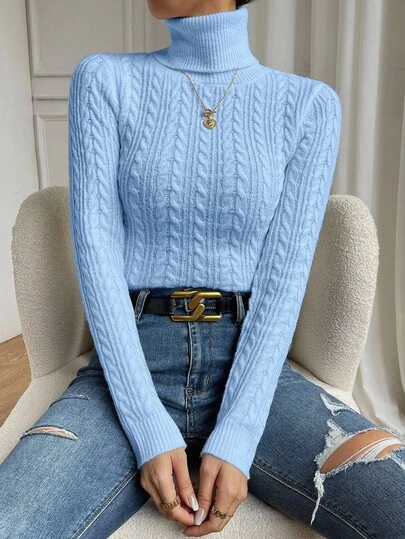 EMERY ROSE Suéter casual de cuello alto de punto trenzado de manga larga y ajuste ceñido para mujer, para otoño/invierno