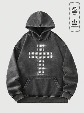 هودي كاجوال بجيب وأكمام طويلة مزين بالراين ستون على شكل صليب ومربع