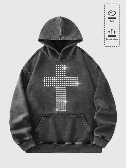 Felpa con cappuccio casual da uomo con taschino, decorata con strass a forma di croce e quadrati, manica lunga