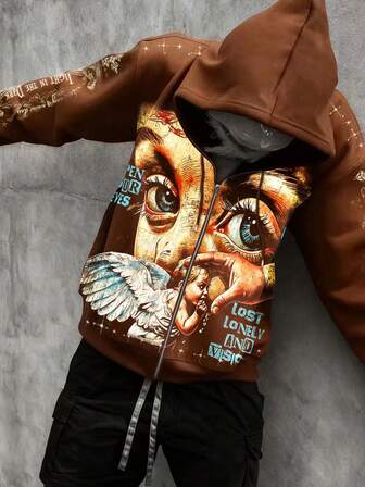 Street Life Sudadera con capucha con cremallera y estampado de letras y números para hombre