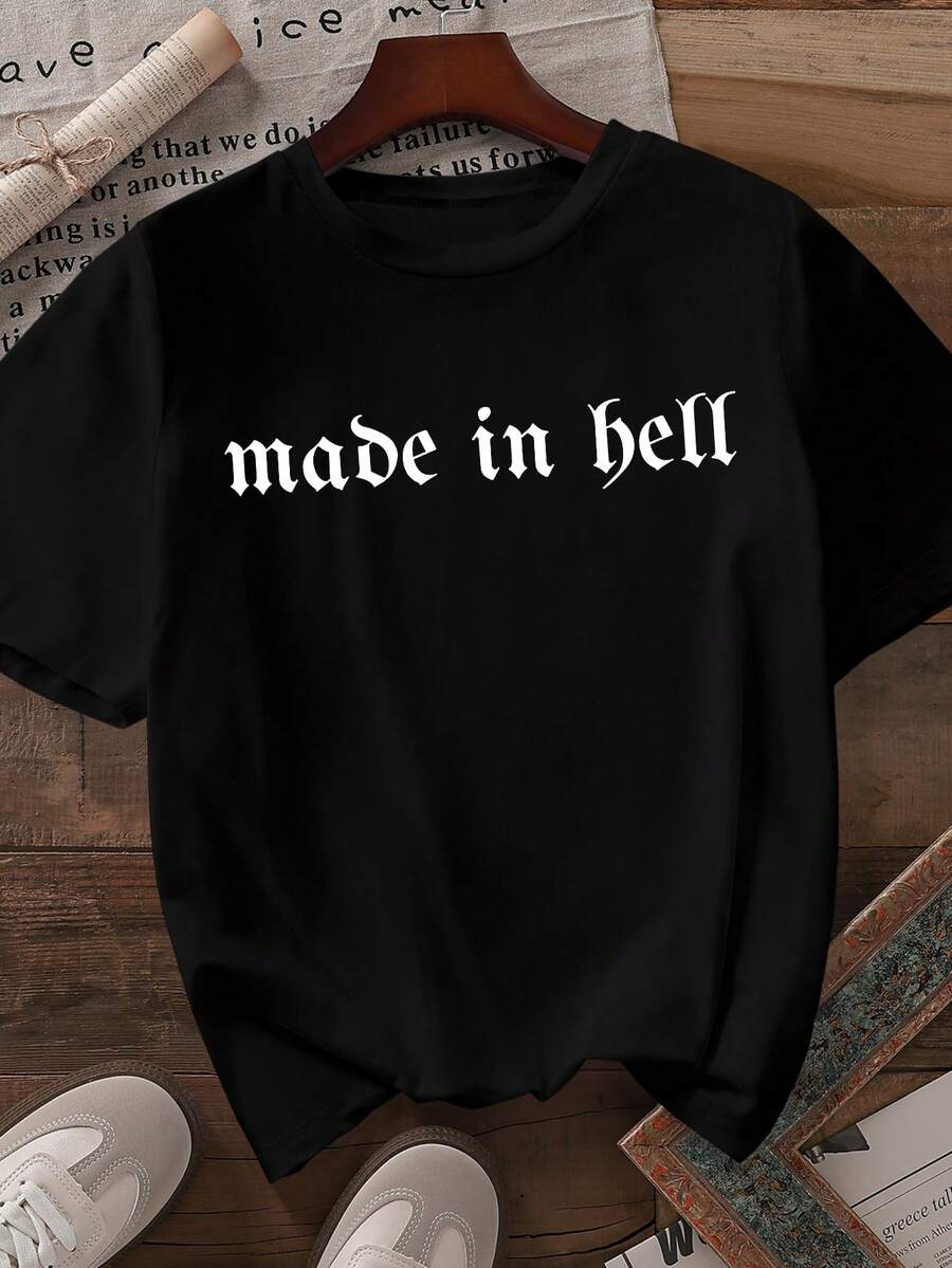 EMERY ROSE Plus Size Casual Letter Pattern Round Neck Short Sleeve T-Shirt, Summer - Black - View 1