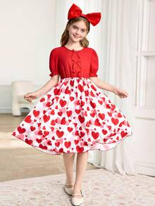 SHEIN Tween Mädchen Herz Muster Valentinstag Kleid, Schleife Dekor, Rüschenkragen, Puffärmel, gefalteter Rock, rotes Lässig Alltagskleid, elegantes gewebtes Herz Muster Schleifendekor, Rundhalspuffärmelkleid, geeignet für Valentinstag, Lässig Unternehmungen - Rot - Übersicht 6