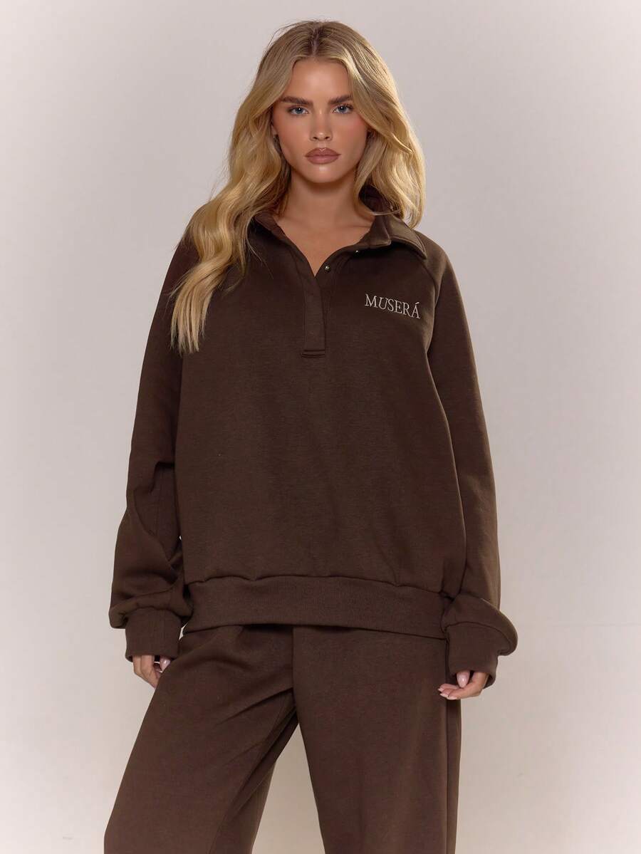 MUSERA Embroidered Button Up Collared Sweatshirt Tracksuit Jumper Only Cosy Cute Casual Outings   Two Pieces Lounge Set Comfortable Coffee Club - Coffee Brown - View 1