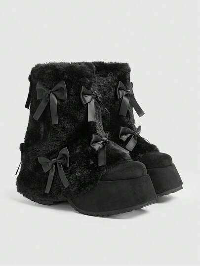 Sugerpunk Women's Fashion Bow Decor Thick Sole Mid-Calf Boots For Christmas Valentine's Day