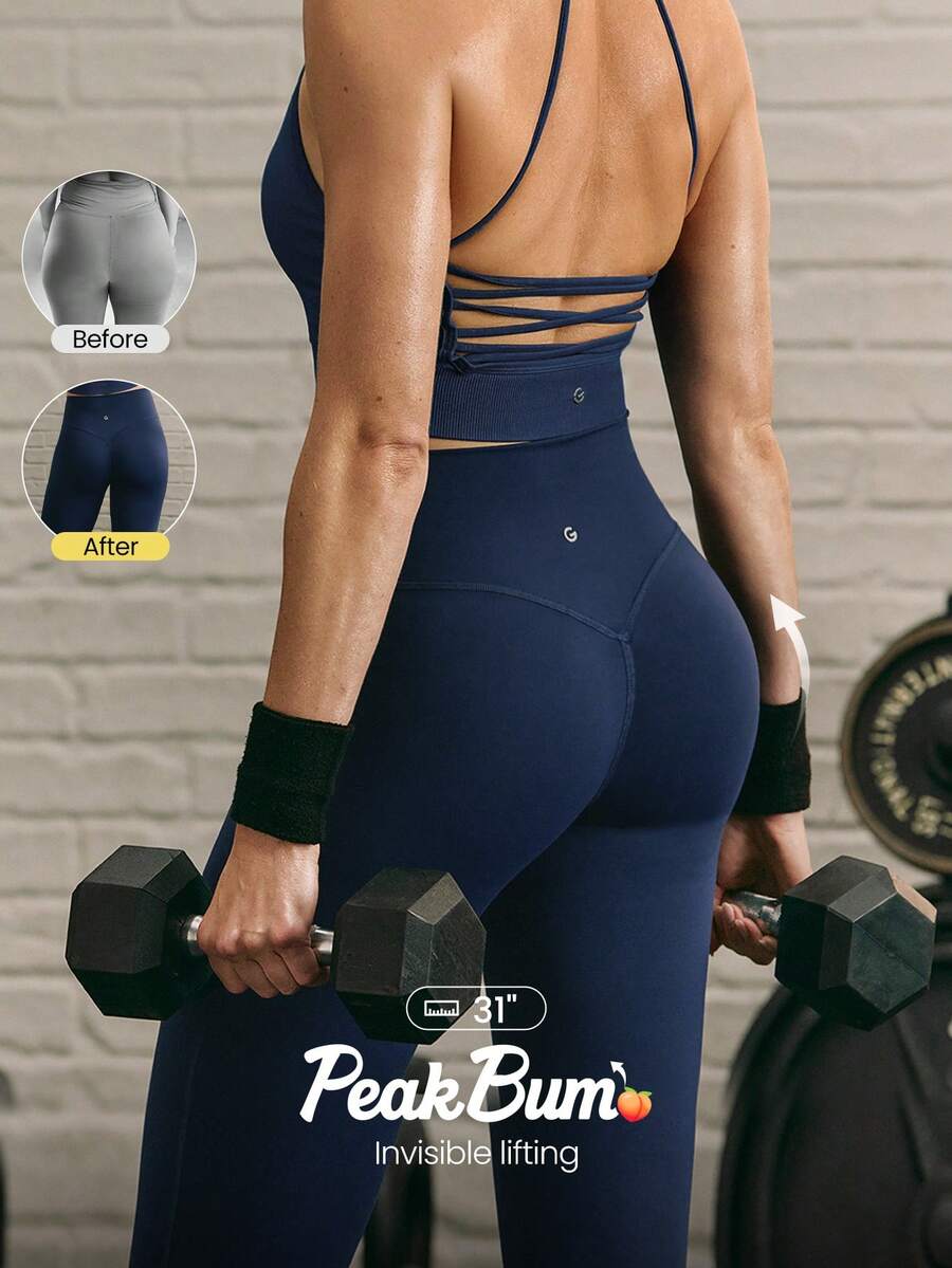 GLOWMODE 31" PeakBum Powersculpt™-Air Play The Flare Sweat-Wicking Cool Feel Butt-Lifting Leggings High Impact Workout Running Training Fall Winter - Dark Blue - View 1