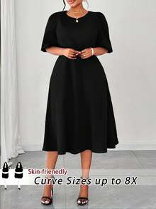 SHEIN CURVE+ Plus Size Women's Summer Solid Black Round Neck Puff Sleeve Elegant Chic Dress, Suitable For Elegant Parties, Outings, Social Occasions, Formal Events, Business, Banquets, Spring Formal Dresses, Vacation, Office Wear, Commuting