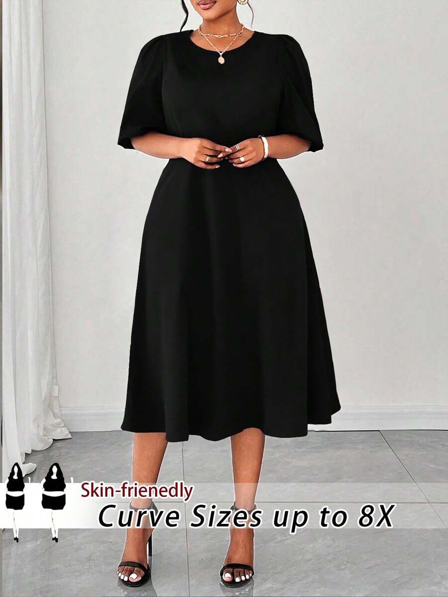 SHEIN CURVE+ Plus Size Women's Summer Solid Black Round Neck Puff Sleeve Elegant Chic Dress, Suitable For Elegant Parties, Outings, Social Occasions, Formal Events, Business, Banquets, Spring Formal Dresses, Vacation, Office Wear, Commuting