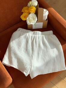 SHEIN EZwear Solid Elastic Waist Shorts White Shortsshort Alfaiataria Brancowhite Shorts For Girls - White - View 2