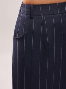 Avenya Navy Blue Wide Striped Sleeve Top & EleganSkirtrt Set - Navy Blue - View 2