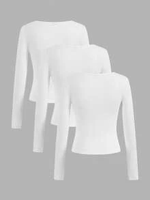 SHEIN EZwear 3件套短袖露脐休闲修身T恤，女士款，适合春秋季穿着 - 白色 - 查看 2