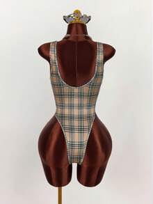 Amplova Women's Low-Cut Bodysuit With Plaid Pattern, Slogan, Distressed Finish, Sexy And Avant-Garde Backless Design - Multicolor - View 2