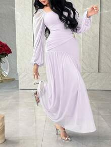 Feyla فستان أنيق للنساء بياقة مربعة وأكمام فانوس وخصر مزين بمعدن ذو لون أحادي - ارجواني فاتح - مشاهدة 5