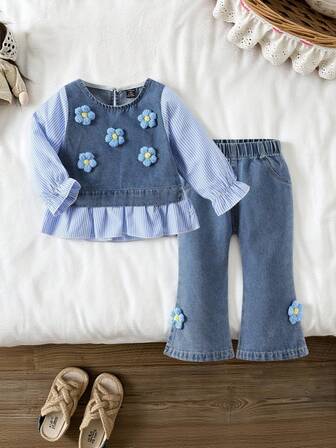 SHEIN Conjunto de 2 piezas de niña bebé estilo rústico de patchwork de mezclilla para exteriores, camiseta de mezclilla dulce, primavera/otoño