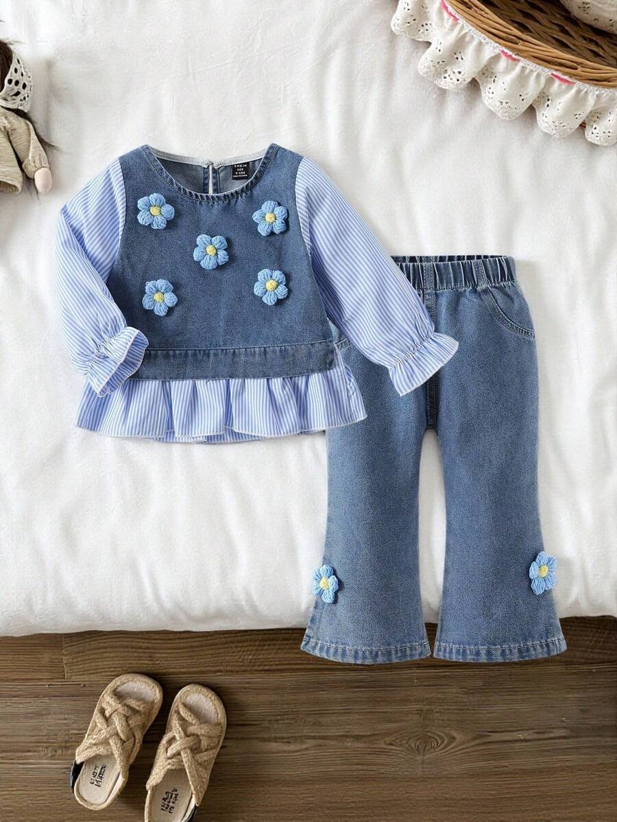 SHEIN Baby Girl Outdoor Rustic Denim Patchwork 2 Pieces Set, Sweet Denim T-Shirt, Spring/Autumn - Blue - View 1