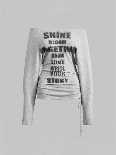 Grunge Punk Camiseta de manga larga con hombros descubiertos con estampado de cruz y letras para mujeres, estilo romántico punk