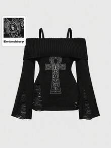 ROMWE Goth Plus Size Women Punk Distressed Ankh Cross Embroidery Off Shoulder Fitted Sweater - Black - View 1