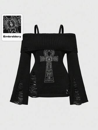 Goth Suéter ajustado con hombros descubiertos, bordado con cruz ank y efecto desgastado, para mujer de talla grande, estilo punk