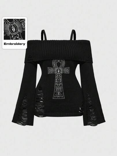 Goth Maglione attillato da donna taglie forti, con spalle scoperte, ricamo a croce ankh e effetto consumato, stile punk
