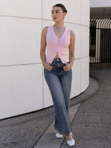 Andrea Bello Women Fashionable High Waist Simple Design Straight Wide-Leg Denim Jeans - Dark Wash - View 4