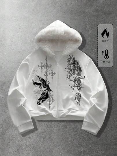 Goth Sweat-shirt à capuche zippé avec col en fourrure et imprimé slogan pour hommes