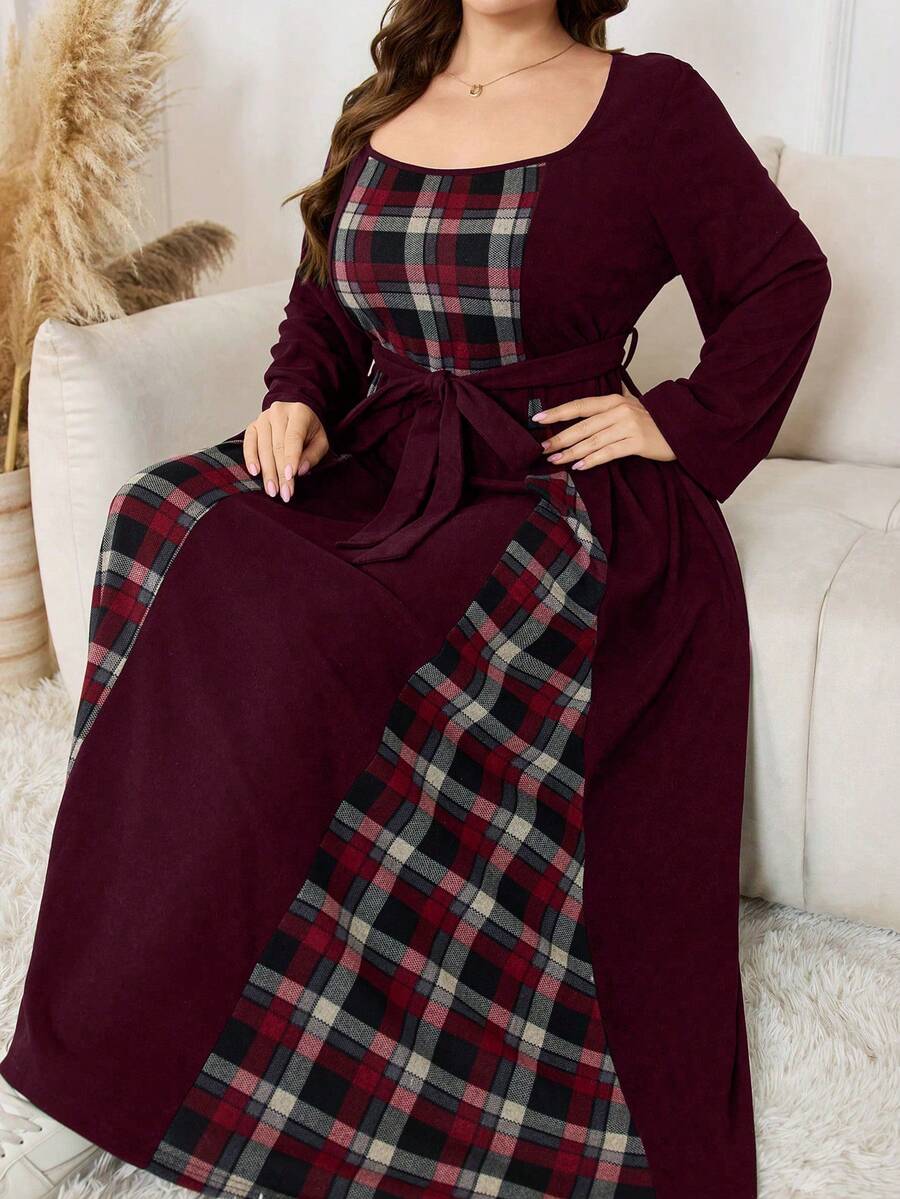 Lacomfia Plus Size Women Casual Knit Patchwork Plaid Waist Belt Dress - Burgundy - View 1