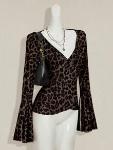 SHEIN ICON Áo cánh tay dài ve áo tay loe họa tiết da báo cổ điển dành cho nữ, phong cách Y2K, thoải mái khi mặc ở nhà, khi đi du lịch, thời trang thu/đông sang trọng - Nhiều màu - Xem 5