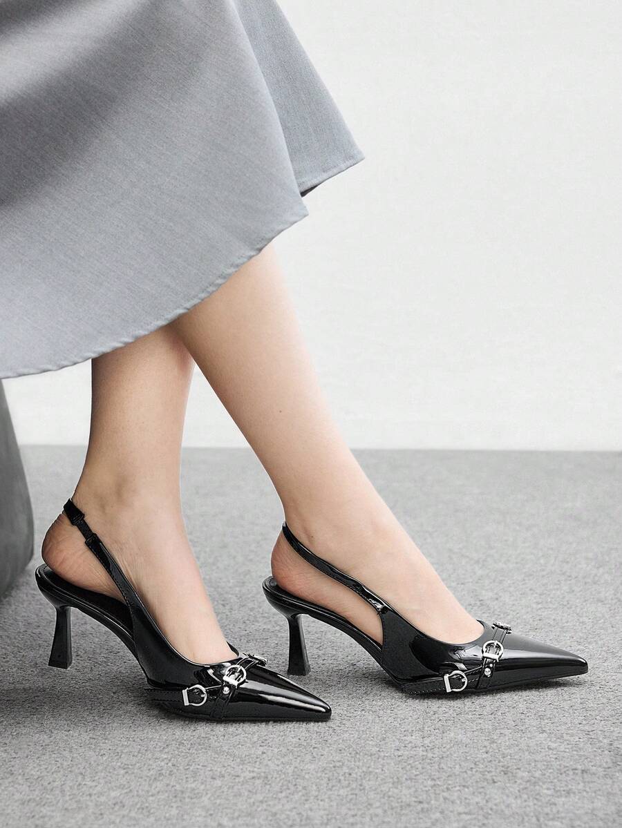 CUCCOO BIZCHIC Women's Pointed Toe Buckle Design Fashionable High Heels, Versatile For Daily Wear For Christmas - Black - View 1