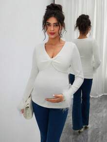 SHEIN Maternity Ribbed Patchwork Fuzzy Fitted Top - White - View 2