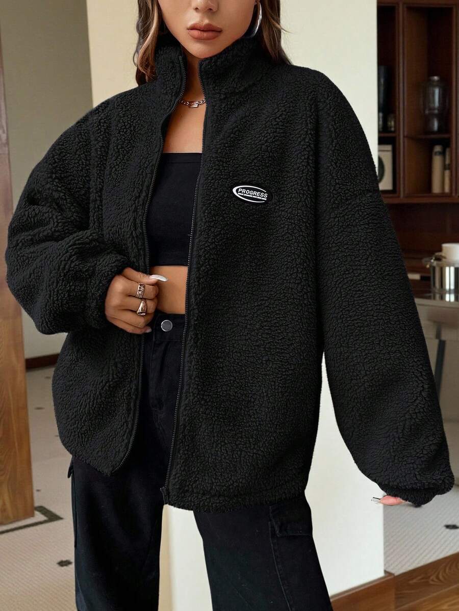 SHEIN EZwear Casual Letter Patch Off Shoulder Teddy Jacket In Fall/Winter - Black - View 1