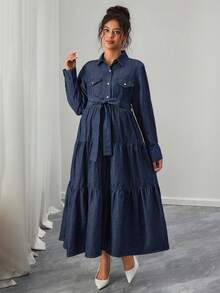 SHEIN Maternity Long Sleeve Button Half Placket Ruffle Hem Casual Denim Dress