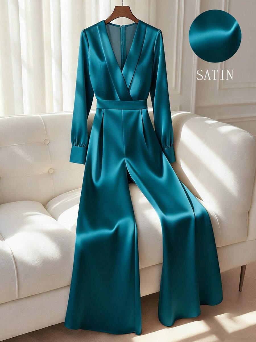 Franclia Women's V-Neck Long Sleeve Shiny Fabric Waist Cinched Flared Leg Jumpsuit - Teal Blue - View 1