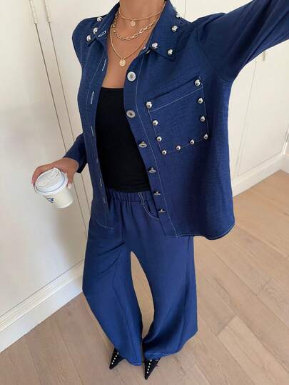 Siren Gaze Old Money Style Women's Studded Casual Long-Sleeved Trouser Suit Women's Women's Solid Color Long Sleeve Single-Breasted Pocket Shirt And Pants Casual 2 Pieces Set