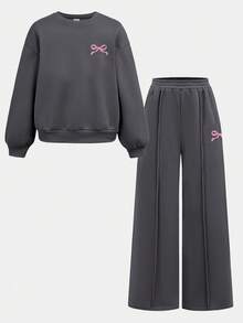 SHEIN EZwear Women's Casual Sweatshirt And Sweatpants Set, 2 Pieces Outfit, Suitable For Autumn/Winter, Bow Print - Dark Grey - View 6