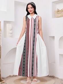 Váy không tay cổ bẻ họa tiết thanh lịch dành cho bé gái tuổi teen - trắng - Xem 4