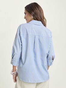 CAJUNI 女式条纹七分袖单排扣休闲宽松衬衫 - 藍色 - 查看 3