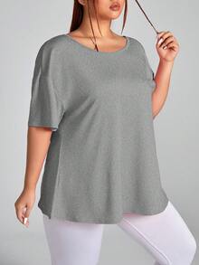 SHEIN Sports 大码女式纯色简约日常穿搭露背短袖T恤 - 淺灰色 - 查看 4