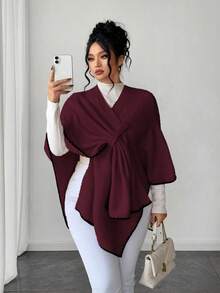 Elenzga 女士优雅时尚宽松大码毛衣斗篷，适合秋冬季外套穿着 - 酒紅色 - 查看 1