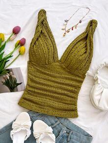 Soleia Women's Vacation Knit White Textured V-Neck Twist Strap Ruched Waist Fitted Stylish Slim Tank Top, Suitable For Party, Date, Valentine's Day Mustard Top Summer Top Cleavage Top - Olive Green - View 3