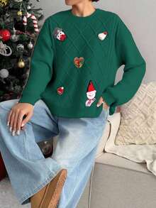 Jersey holgado de cuello redondo de manga larga tejido con decoración de árbol de Navidad 3D jacquard, beige, mujer, otoño/invierno - Verde - Ver 5