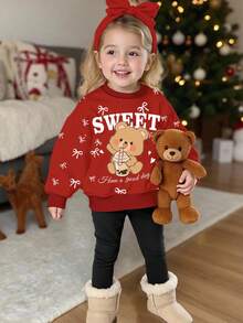 2pcs Baby Girls Cute Cartoon Bear & Bow Pattern Long Sleeve Sweatshirt And Leggings Set, Suitable For Autumn, Winter, Spring - Multicolor - View 1