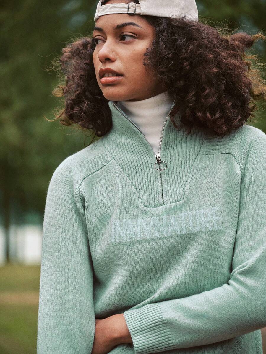 In My Nature Women's Letter Jacquard Raglan Sleeve Half Zip Up Sports Sweater