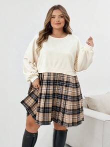 SHEIN CURVE+ فستان بلوزة كبيرة الحجم للنساء مع تصميم رقعي مربعات، مناسب للخريف/الشتاء