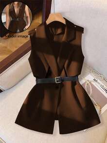 SHEIN PETITE 娇小女士极简通勤无袖背心西装外套 - 咖啡棕 - 查看 3