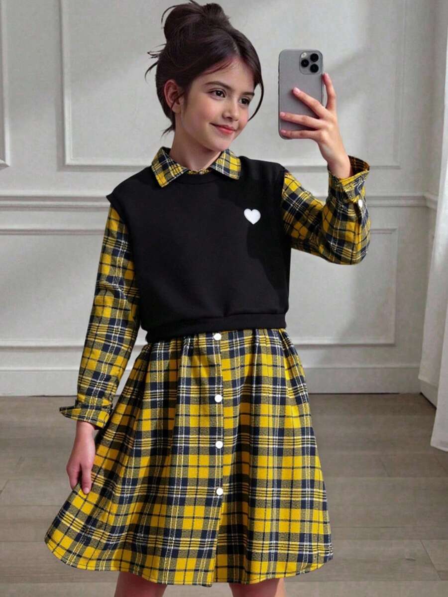 少女优雅通勤校服格子长袖连衣裙+针织背心卫衣两件套,秋冬款 - 彩色 - 查看 1