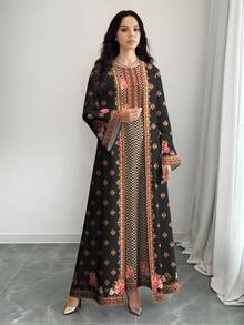SHEIN Najma 大码女式复古花卉人字纹印花优雅圆领长款连衣裙配阿巴雅开衫，两件套，春夏款 - 彩色 - 查看 3