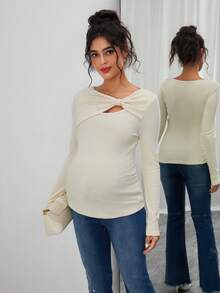 SHEIN Áo cho con bú cổ lệch màu trơn thanh lịch dành cho phụ nữ mang thai - Màu be - Xem 5