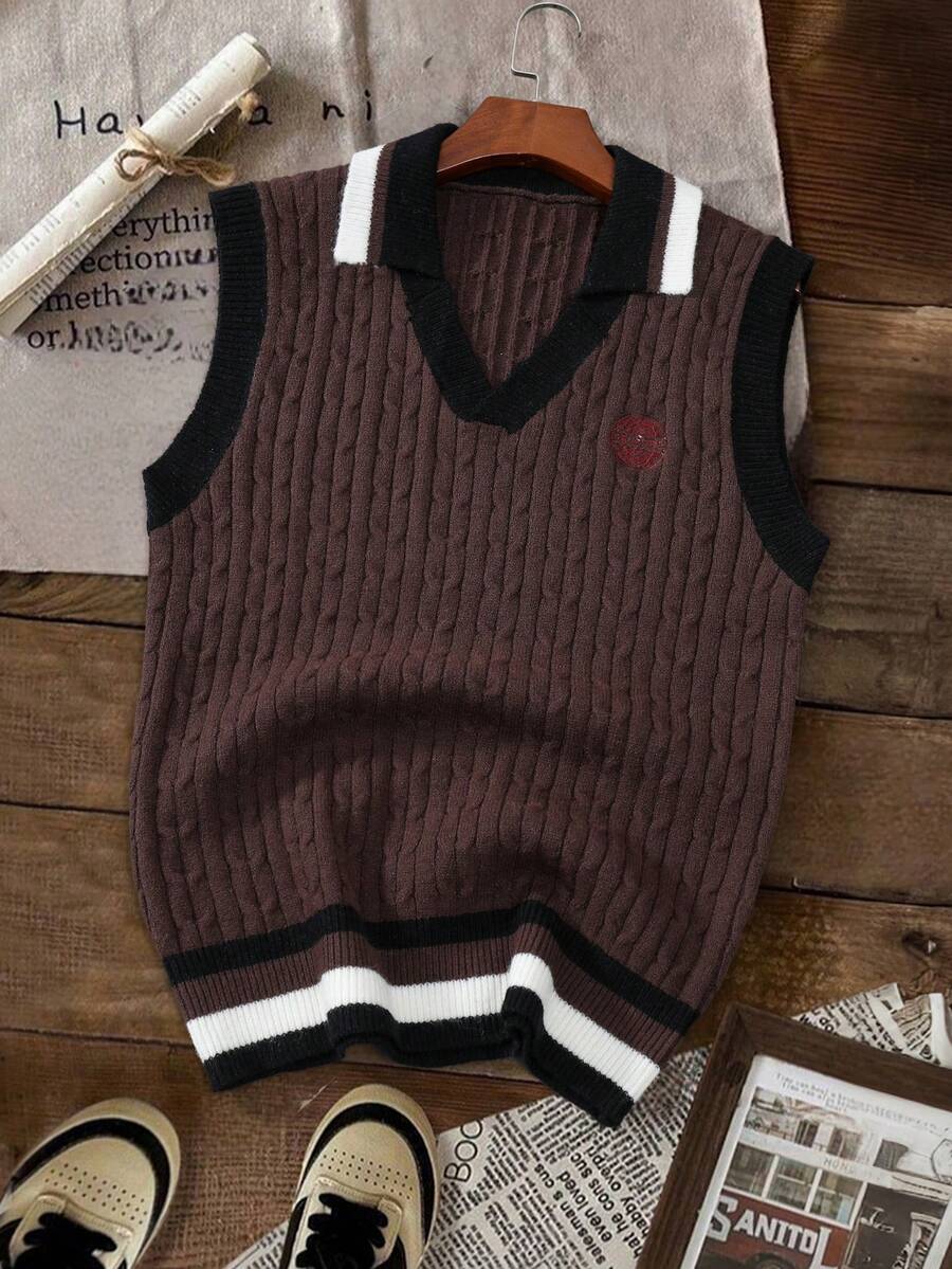 Manfinity Hypemode Men's Autumn/Winter Casual Versatile Letter Embroidered Knit Vest - Brown - View 1