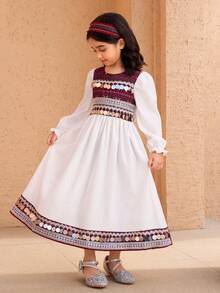 SHEIN Đầm thường ngày cổ tròn tay dài thêu họa tiết sequin cho bé gái - Nhiều màu - Xem 3